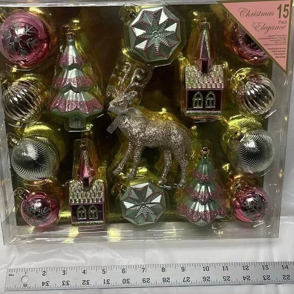 Assortment of 15 Rose Gold Christmas Tree Home Holiday Hanging Ornaments - Picture 2 of 3